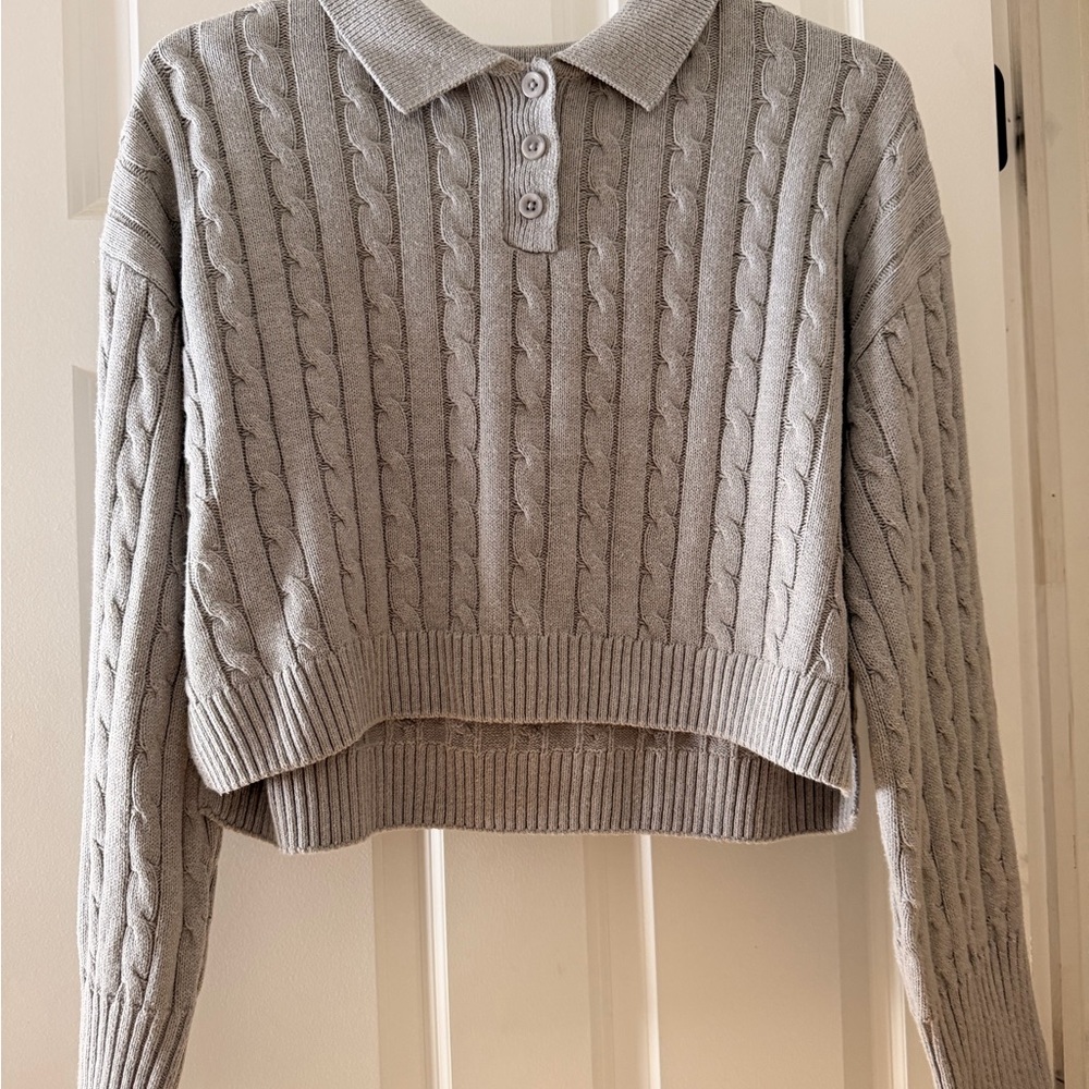 Pink Rose Large Cropped Cable-Knit Polo Sweater in Light Gray